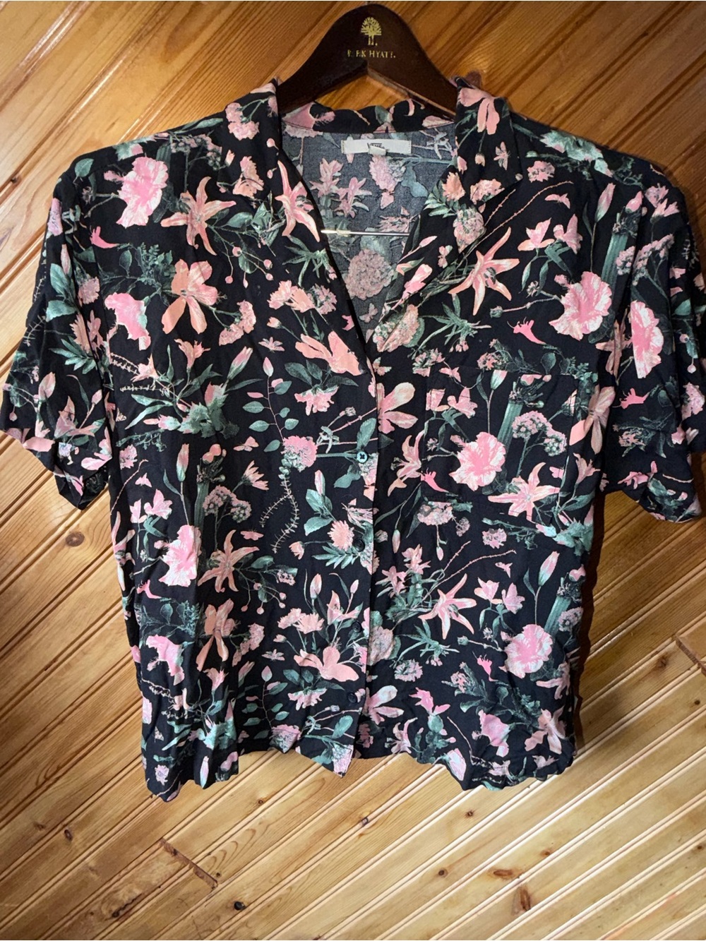VANS Floral Button-Front Short Sleeve Top - Black with Pink & Green small
